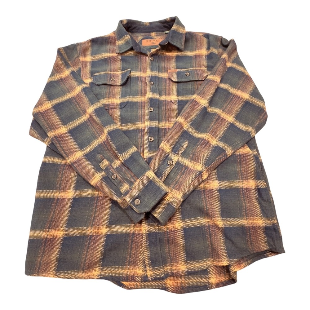 Orvis Flannel Shirt Mens XL Blue Orange Plaid Corduroy Trim Long Sleeve Rugged